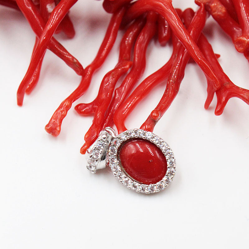 Pendentif Ovale strass, corail rouge