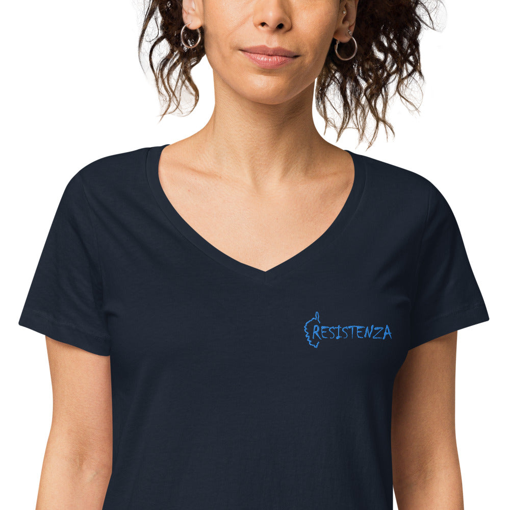 T-shirt col V Brodé ajusté femme Resistenza - Ochju Ochju Bleu Marine / S Ochju T-shirt col V Brodé ajusté femme Resistenza