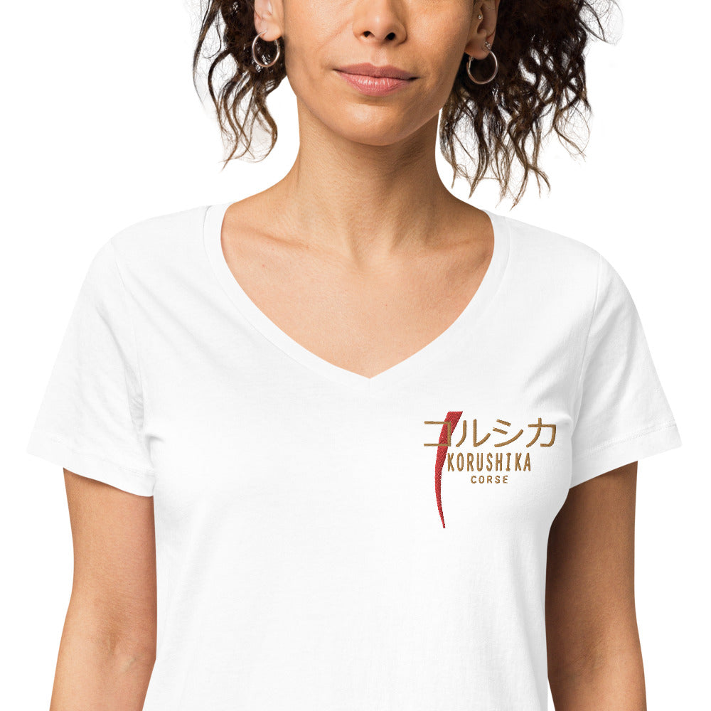 T-shirt col V Brodé ajusté Korushika (Corse en Japonnais) - Ochju Ochju Blanc / S Ochju T-shirt col V Brodé ajusté Korushika (Corse en Japonnais)