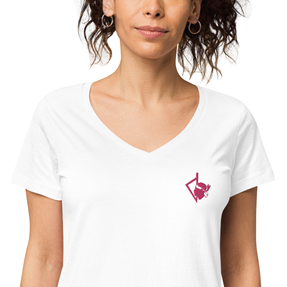 T-shirt col V brodé ajusté Corse Stylisée Tête de Maure - Ochju Ochju Blanc / S Ochju T-shirt col V brodé ajusté Corse Stylisée Tête de Maure